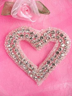 JB15 Silver Beaded Heart Crystal Rhinestone Applique 2.5"