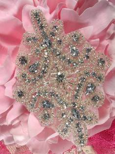JB23 Crystal Clear Silver Beaded Rhinestone Applique 4"