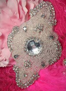 JB27 Victorian Romance Silver Beaded Crystal Rhinestone Applique 6"