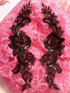 JB32 Black Venise Lace Mirror Pair Beaded Sequin Appliques 10.5"