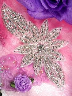 JB33B Silver Beaded Floral Crystal Rhinestone Applique 6.5"