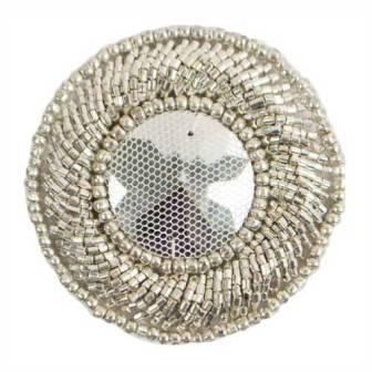 E2621 SIlver Round Bead Medallion 2.5"-sequin,appliques,flower,silver,beaded,motif