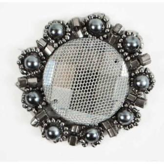 E2622  Grey Bead Pearl Medallion 1.75"-sequin,appliques,flower,grey,beaded,motif,brooch