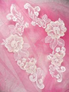 K31 White AB Venise Lace Mirror Pair Beaded Sequin Appliques 12"