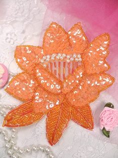 K8108 Orange AB Rose Beaded Sequin Applique 5.25"