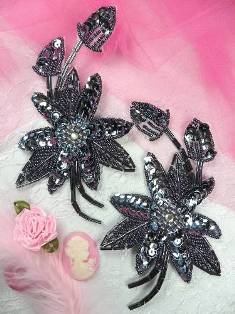 K8109 Gunmetal Mirror Pair Beaded Sequin Appliques 5.5"