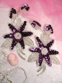 K8109 Wine Silver Mirror Pair Beaded Sequin Appliques 5.5"