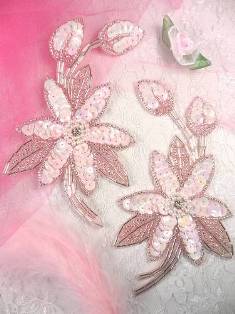 K8109  Pink AB Opaque Silver Mirror Pair Sequin Beaded  Appliques 5.5"