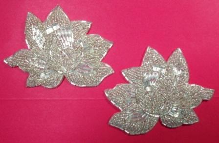 K8123 Silver Rose Mirror Pair Beaded Appliques 4.25"-silver,rose,mirror,pair,bead,beaded,applique