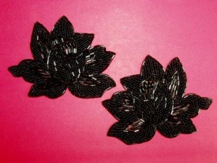 K8123 Black Rose Mirror Pair Beaded Applique 4.25"-black,rose,mirror,pair,bead,beaded,applique