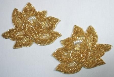 K8123 Gold Rose Mirror Pair Beaded Appliques 4.25"-gold,rose,mirror,pair,bead,beaded,applique