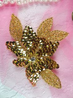K8124 Gold Sequin Beaded Floral Applique 4"