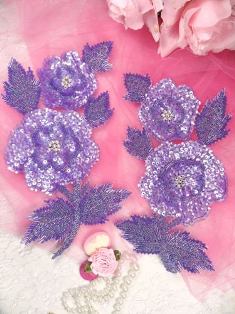 K8127 Lavender AB Rose Mirror Pair Beaded Sequin Appliques 8.25"