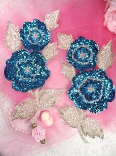 K8127 Turquoise Silver Rose Mirror Pair Beaded Sequin Appliques 8.25"