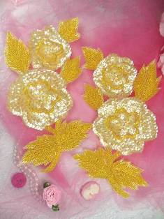 K8127 Yellow Crystal AB Rose Mirror Pair Beaded Sequin Appliques 8.25"