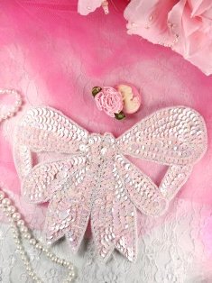 K8140 Pink AB Large Bow Sequin Beaded Applique 6.75"