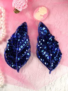 K8269 Royal Blue Leaf Pair Sequin Beaded Appliques 3.25"