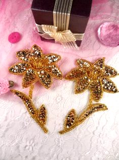 K8279 Gold Flower Mirror Pair Beaded Sequin Appliques 4.5"