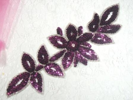 K8383 Purple Wine Rhinestone Floral Vine Sequin Beaded Applique  11"