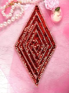 K8385 Red Silver  Diamond Beaded Sequin Applique 5.5"