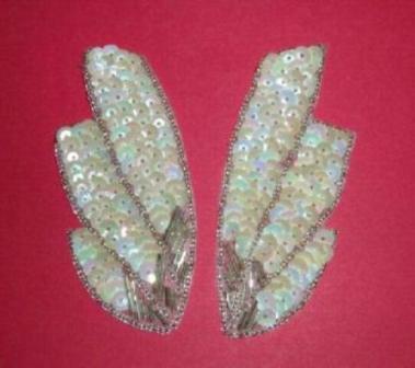 K8403  White AB Wing Mirror Pair Sequin Beaded Appliques 4"