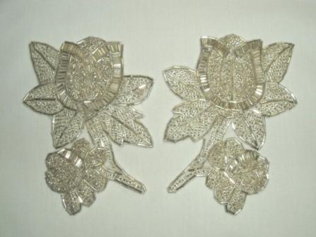 K8510  Silver Floral Mirror Pair Beaded Appliques  4.5"-floral,flowers,embellishment,sewing,beaded,bead,appliques,motif,mirror,pair,silver