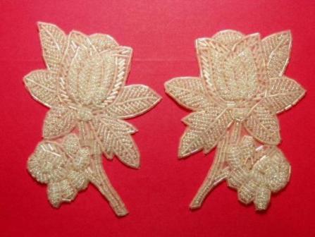 K8510  Crystal AB Floral Mirror Pair Beaded Appliques  4.5"-floral,flowers,embellishment,sewing,beaded,bead,appliques,motif,mirror,pair,crystal,ab
