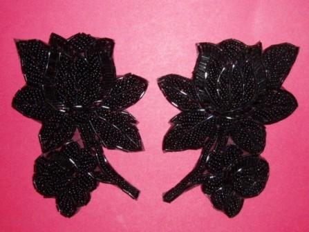 K8510  Black Floral Mirror Pair Beaded Appliques  4.5"-black,rose,floral,flower,embellishment,sewing,beaded,bead,appliques,motif,mirror,pair