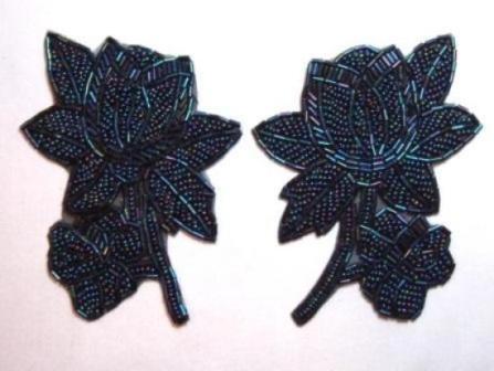 K8510  Gunmetal Floral Mirror Pair Beaded Appliques  4.5"-floral,flowers,embellishment,sewing,beaded,bead,appliques,motif,mirror,pair,gunmetal