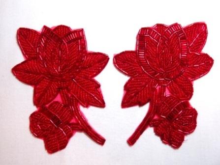 K8510  Red Floral Mirror Pair Beaded Appliques  4.5"-floral,flowers,embellishment,sewing,beaded,bead,appliques,motif,mirror,pair,red