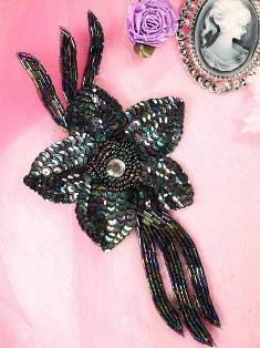 K8511  Black AB Jewel Floral Sequin Beaded Applique 7"
