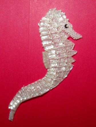 K8626 Crystal Seahorse 7" Sequin Beaded Applique-crystal,embellishment,sequin,beaded,beads,applique,motif,novelty,sea,horse,seahorse