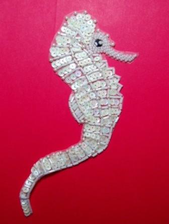 K8626 White Seahorse 7" Sequin Beaded Applique-white,embellishment,sequin,beaded,beads,applique,motif,novelty,sea,horse,seahorse