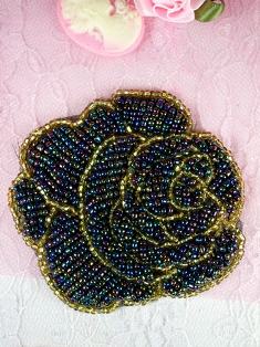 K8740 Peacock Gold Rose Beaded Applique 3"