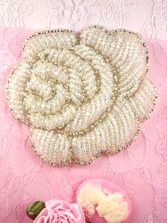 K8740 Crystal AB Silver Rose Beaded Applique 3"