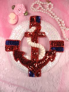 K9154 Captains Wheel Rope Anchor Beaded Sequin Applique 5"