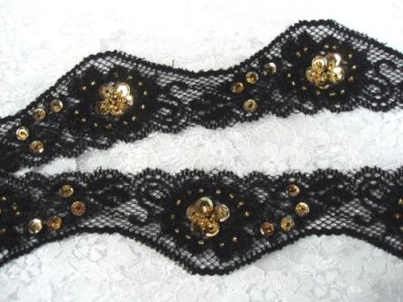 L16 Black Venice Lace Sequin Beaded Stretch Trim-black,venice,venise,lace,stretch,trim,trimming,sew,sewing,sequin,beaded,embellishment,motif