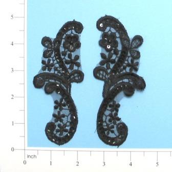 E2701  Black Venice Lace Mirror Pair Appliques 4.75"-black,embellishment,floral,sequin,beaded,beads,applique,black