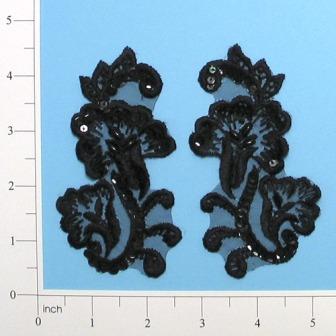 E2702  Black Venise Lace Sequin Applique Pair 4"-black,embellishment,floral,sequin,beaded,beads,applique,black