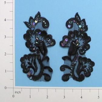 E2702  Black Iris Venise Lace Sequin Applique Mirror Pair 4"