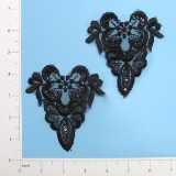 Black Venise Lace 4" Sequin Applique Pair E2713-gem,embellishment,floral,sequin,beaded,beads,applique,black