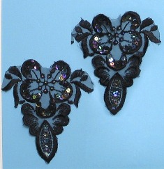 E2713 Black AB Venise Lace Beaded Sequin Applique Pair 4"