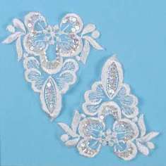 E2713 White Venise Lace Mirror Pair Beaded Sequin Applique 4"