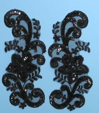 E2716  Black Venise Lace Mirror Pair Sequin Appliques-applique,venice,venise,lace,floral,sequin,beaded,beads,applique,black
