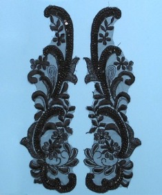 E2720  Black Venice Lace Pair Sequin Beaded Appliques-black,venice,venise,lace,pair,sequin,beaded,applique