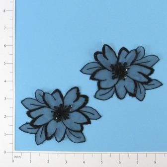 E2728  Black Floral Venice Lace Appliques 4.75"-black,mirror,pair,two,venise,venice,lace,sequin,beaded,applique,embellishment,floral,motif 