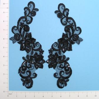 E2732  Black Venise Lace 10" Mirror Pair Appliques-sequin,beaded,beads,sequins,motif,applique,heart,black,mirror,pair,left,right,venise,lace,venice,flower,floral,vine