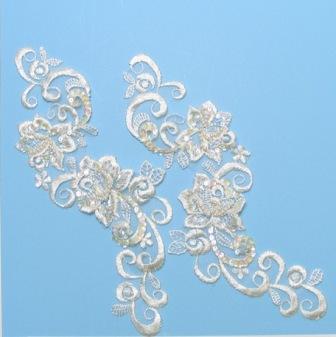 E2732  Ivory Venise Lace 10" Mirror Pair Appliques-sequin,beaded,beads,sequins,motif,applique,ivory,mirror,pair,left,right,venise,lace,venice,flower,floral,vine