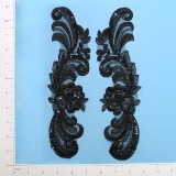 E2733 Black Venise Lace  Sequin Appliques  10.5"-ivory,embellishment,floral,sequin,beaded,beads,applique,black