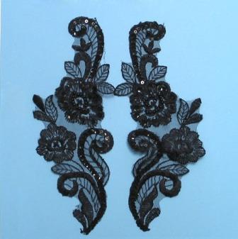 E2735  Black Venise Lace Mirror Pair Appliques 8.5"-sequin,beaded,beads,sequins,motif,applique,black,mirror,pair,left,right,venise,lace,venice